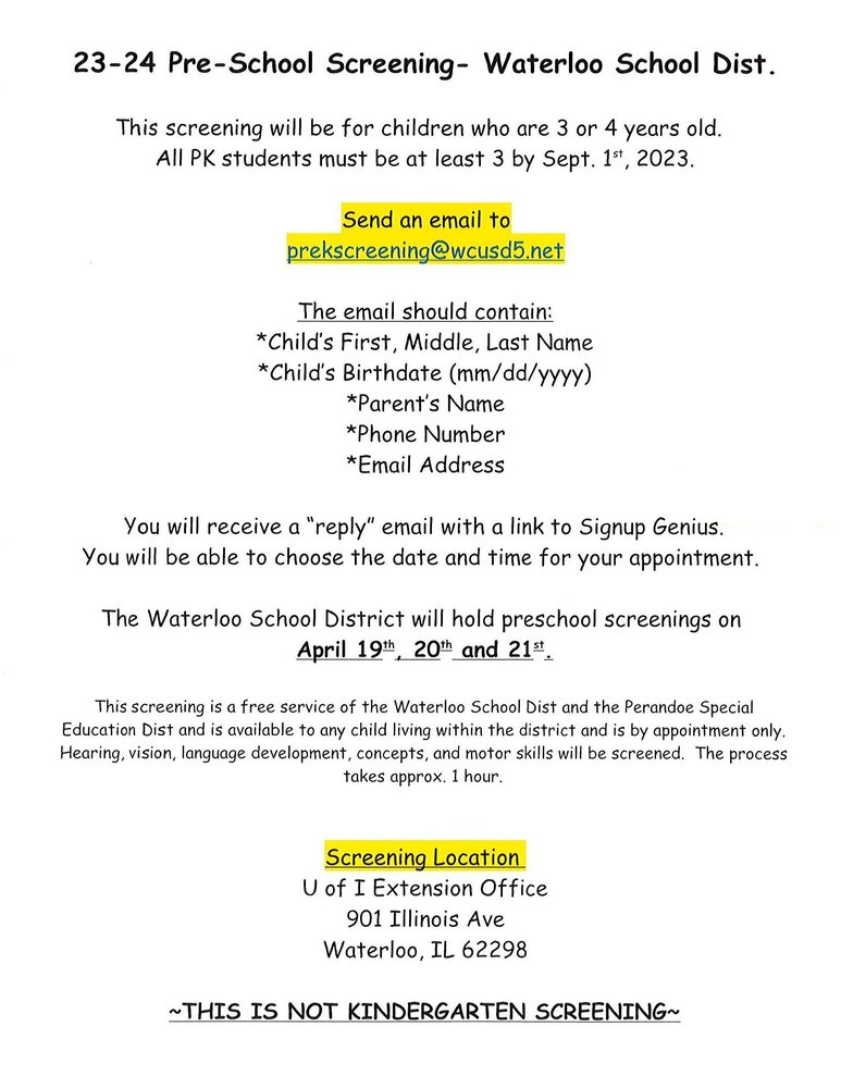 PreSchool Screening W.J. Zahnow Elementary